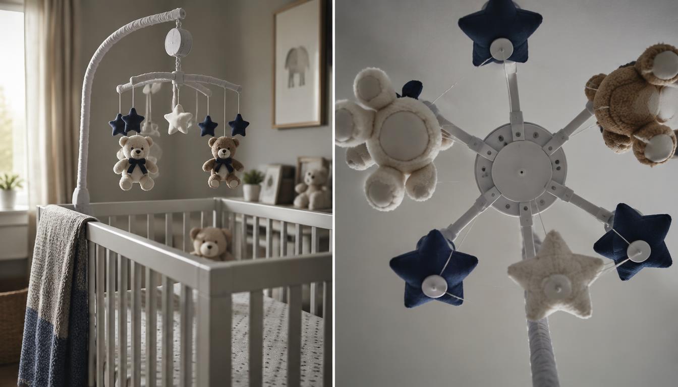 A baby crib seen from the side with a hanging mobile of teddy bears and stars